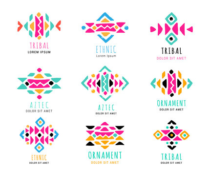 Colorful  Aztec style ornamental simple hand-drawn logo set. American indian ornate pattern design collection. Tribal decorative templates. Ethnic ornamentation. EPS 10 vector illustration.