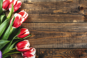 Background for congratulations, greeting cards. Fresh spring tulips flowers, on a wooden background top view copy space