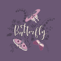 Decorative card with floral silhouettes and butterflies