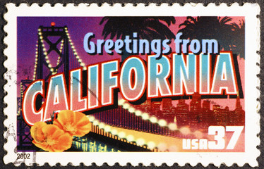 Greetings from California postcard on postage stamp
