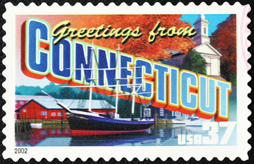 Greetings from Connecticut postcard on stamp