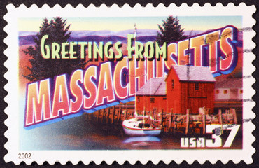 Greetings from Massachusetts postcard on stamp