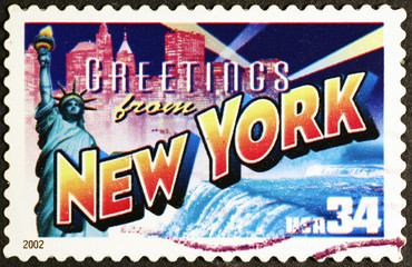 Greetings from New York postcard on postage stamp