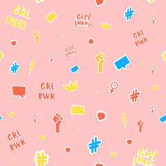 Girl power stickers seamless pattern card. Vector illustration.