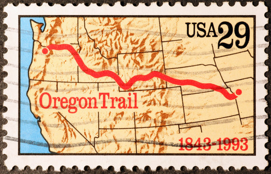 Oregon trail on american postage stamp