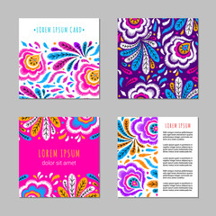 Embroidery style square cards with bright colorful flower and leaf pattern. Ethnic ornamental blanks. Rustic design brochures inspired by russian khokhloma ornament. EPS 10 vector. Clipping masks