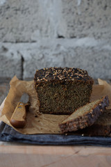 Apple bread loaf from sunflower seeds, chia and flax seeds. Homemade baking. Paleo diet. Organic healthy vegetarian food. Gluten free. Dairy free. Grain free