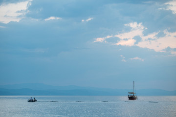 Fishing boats in the sea at dawn on the early morning