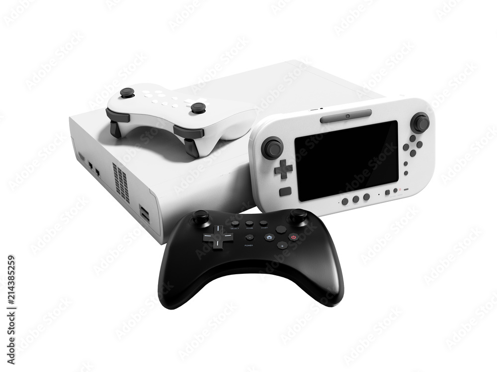 Fototapete modern game console white with two dzhostikami and portable game console 3d render on white backgrou