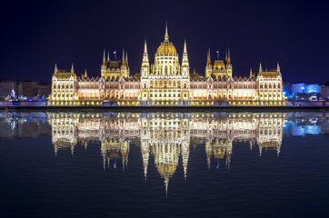 Hungarian Parliament Building at night with reflection in Danube river, Budapest, Hungary