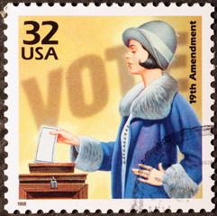 Celebration of woman suffrage on american postage stamp