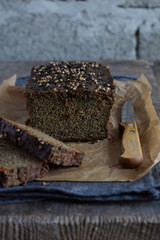 Apple bread loaf from sunflower seeds, chia and flax seeds. Homemade baking. Paleo diet. Organic healthy vegetarian food. Gluten free. Dairy free. Grain free