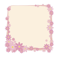 A square frame of pink contour, adorned with a composition of pink flowers with yellow midpoints vector object isolated on white background.