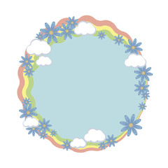 Round frame wreath rainbow stripes with composition of blue flowers and white clouds vector object isolated on white background.
