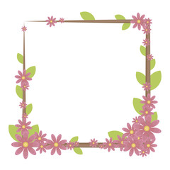 A square frame of a brown outline decorated with a composition of blue flowers with yellow means and green leaves a vector object isolated on a white background.