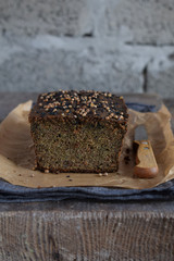 Apple bread loaf from sunflower seeds, chia and flax seeds. Homemade baking. Paleo diet. Organic healthy vegetarian food. Gluten free. Dairy free. Grain free