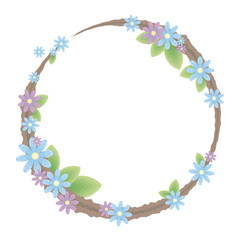Round frame wreath brown outline with composition of blue, purple flowers and green leaves vector object isolated on white background.