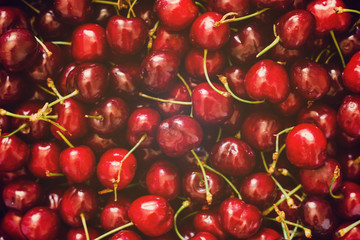 Ripe cherries. View from above. Cherry background.