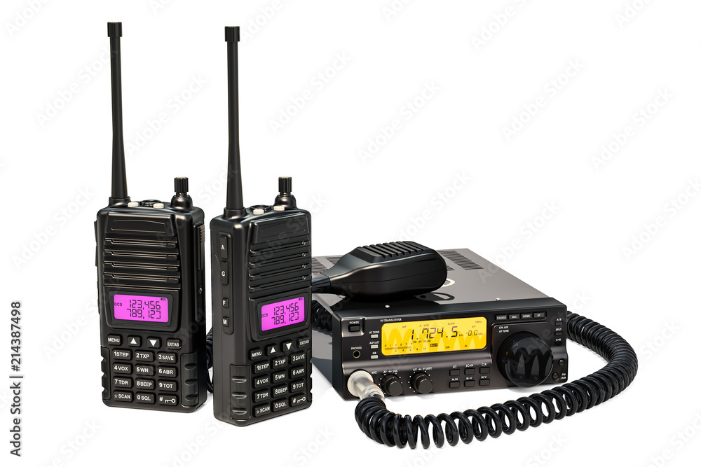 Poster amateur radio transceiver with push-to-talk microphone switch and portable radios walkie-talkie, 3d 