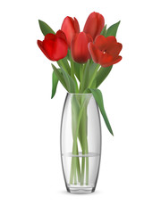 A bouquet of red tulips in a glass vase with water. Element of interior decor. Realistic vector illustration.