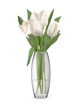 A bouquet of tulips in a glass vase with water. Element of interior decor. Realistic vector illustration.