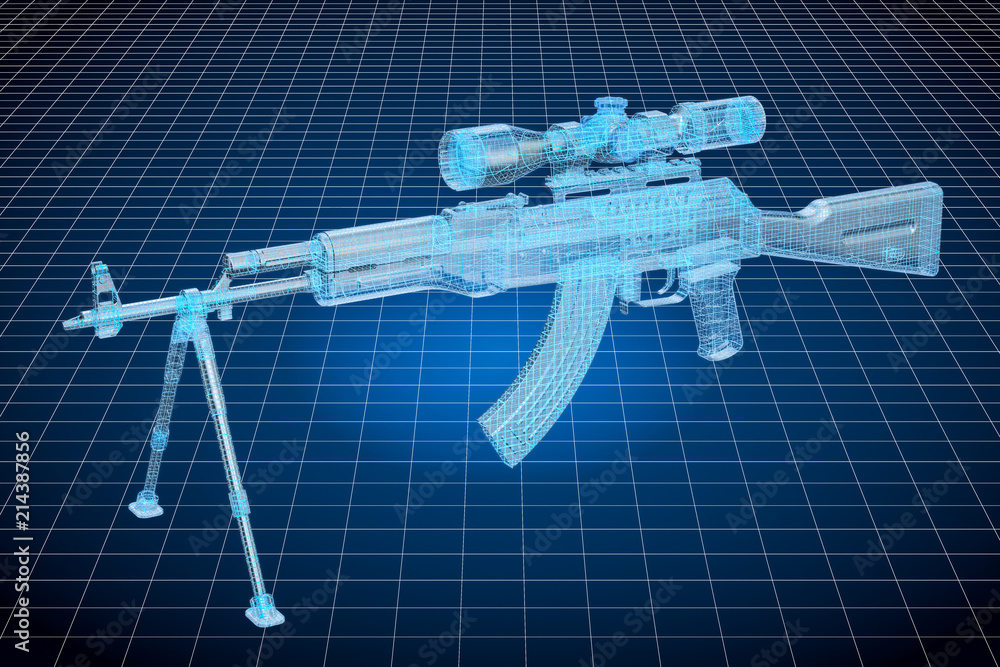 Poster visualization 3d cad model of weapon, military engineering concept. 3d rendering