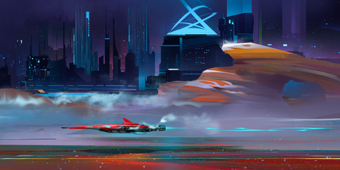 colored nightly fantastic urban cyberpunk landscape with mountains © khius