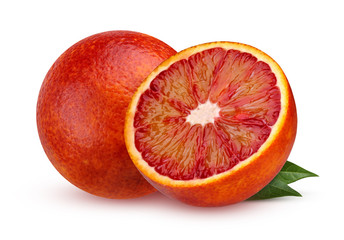 Two red blood orange with leaves isolated on white background.