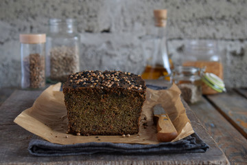 Apple bread loaf from sunflower seeds, chia and flax seeds. Homemade baking. Paleo diet. Organic healthy vegetarian food. Gluten free. Dairy free. Grain free