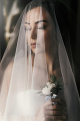 gorgeous bride with boutonniere, posing under veil near window. amazing portrait of beautiful woman...