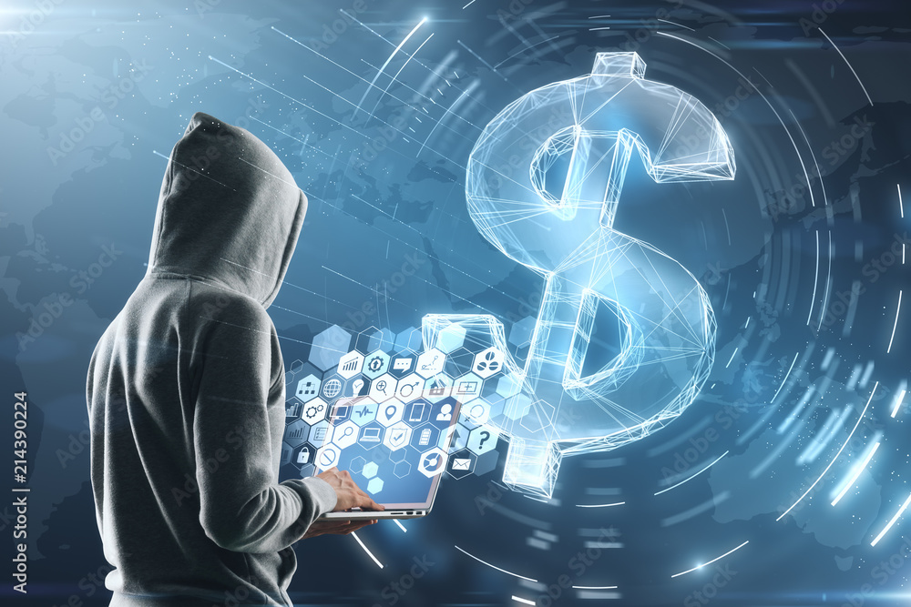 Poster hacker with laptop and dollar sign