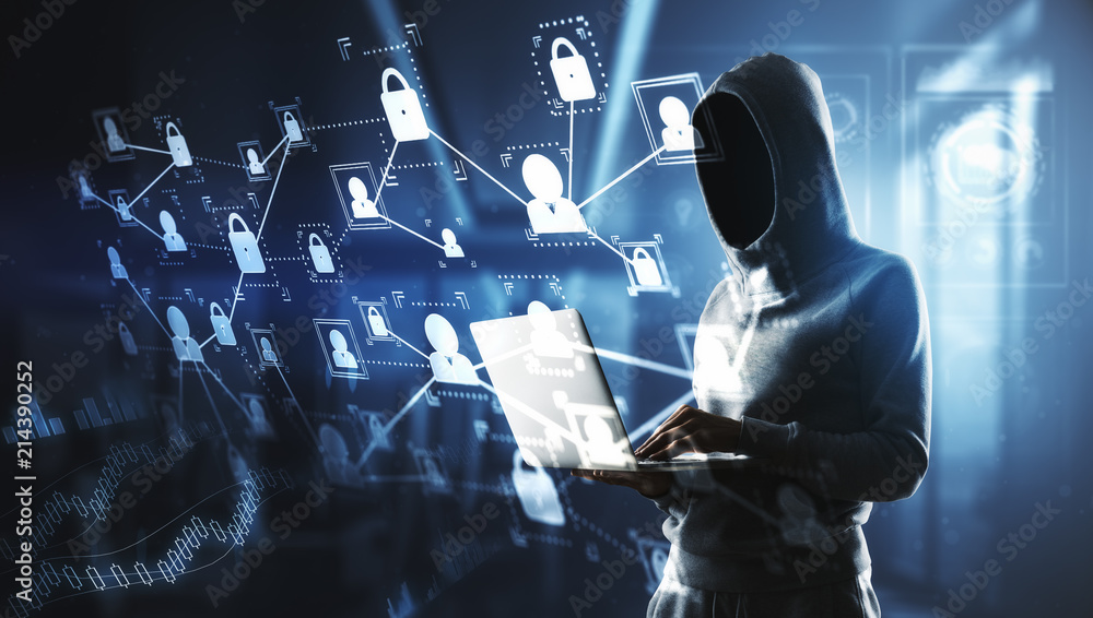 Poster hacker with laptop and digital cyberspace screen