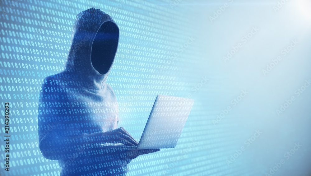 Poster no face hacker and binary code