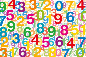 Colored numbers on white background. Randomly distributed overlapping numerals. Symbol for numerology or a flood of data. One to zero disorganized and of different sizes. Isolated illustration. Vector