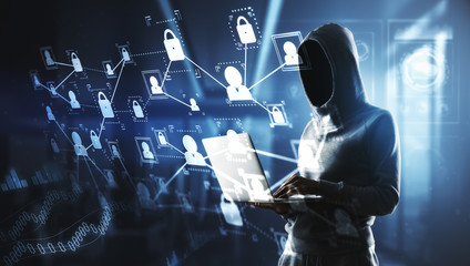 hacker with laptop and digital cyberspace screen
