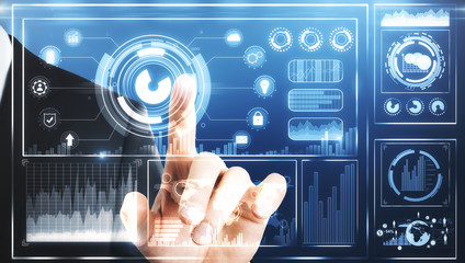 businessman touching digital multimedia screen