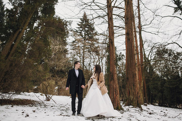 gorgeous wedding couple posing in winter snowy park. stylish bride in coat and  groom embracing...