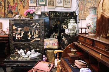 Various vintage home furnishings in the flea market