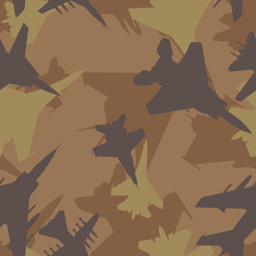 Seamless Subtle Brown Military Jet Fighters Aircraft Silhouettes Camouflage Pattern Vector