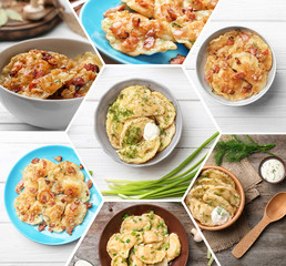 Set with different tasty dumplings on table. Traditional food