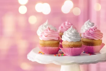  Dessert stand with delicious cupcakes on blurred background © Africa Studio