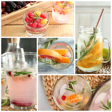 Set of different refreshing drinks with rosemary