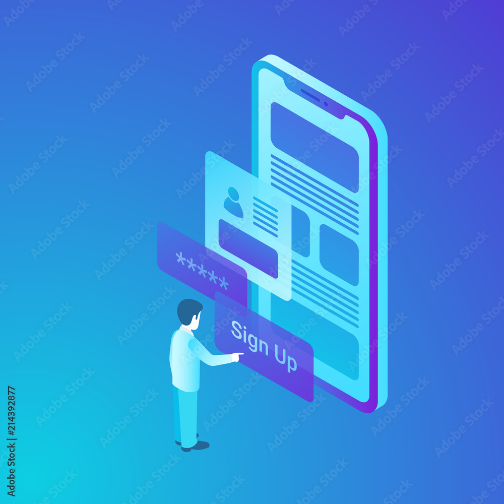 Wall mural isometric man access to app smartphone security data vector