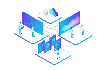 Isometric Business Analytics Statistics Data Charts vector illustration. Network People Teamwork