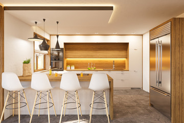 Kitchen interior design in white color. Modern studio apartment in the Scandinavian minimalist style. 3d illustration.