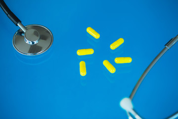 Medical Pills. Colored Pills And Capsule On Blue Background. Pharmacy Theme, Capsule Pills With...