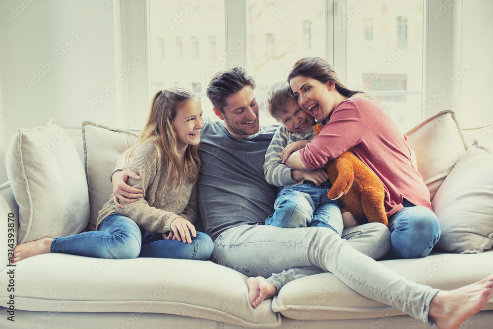 Poster family spend time together at home 