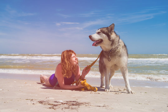Huge husky dog and woman at beach