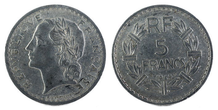 Old French coin. 5 Francs. 1949.