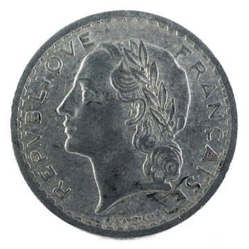 Old French coin. 5 Francs. 1949. Obverse.